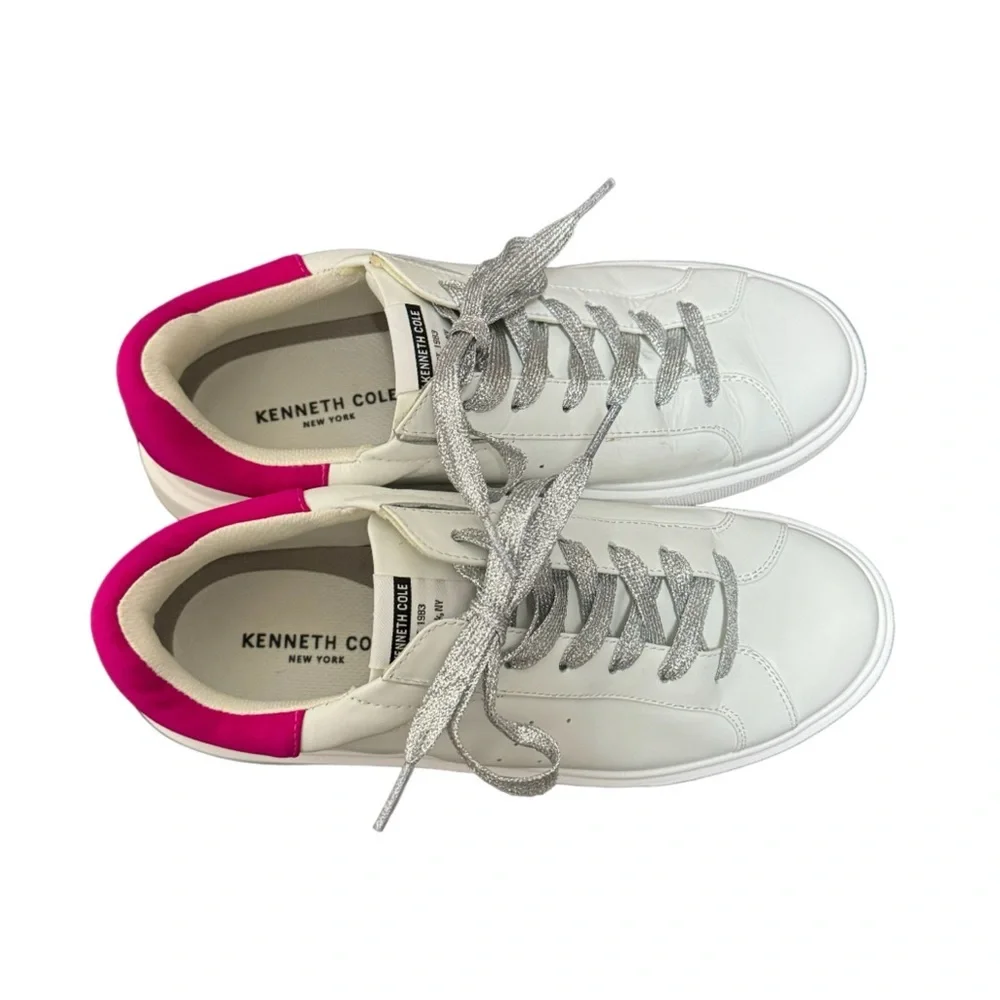 KENNETH COLE NEW YORK Womens Kam Platform Silver Lace Up White Sneakers Size 8.5